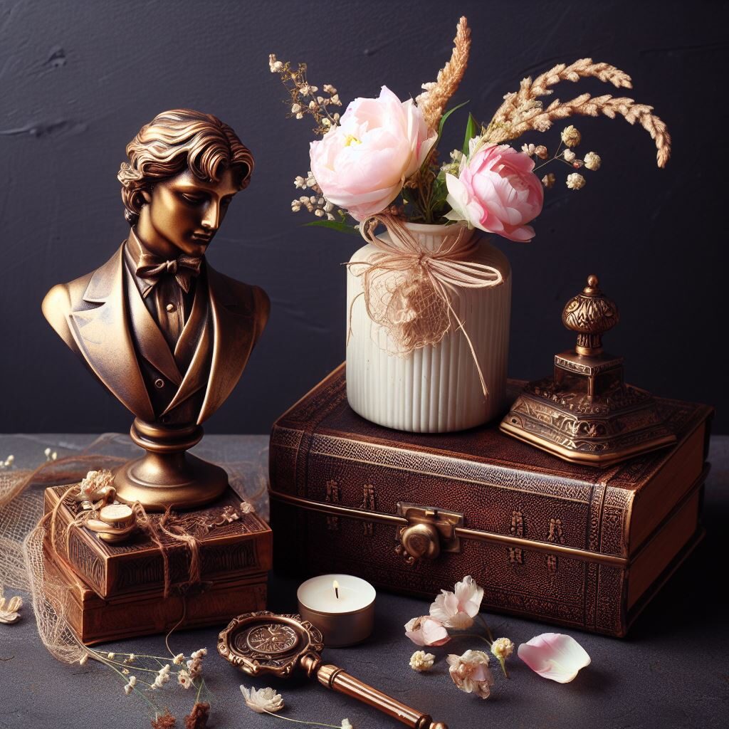 Un buste en bronze coffret et une vase avec des fleurs sur une table.