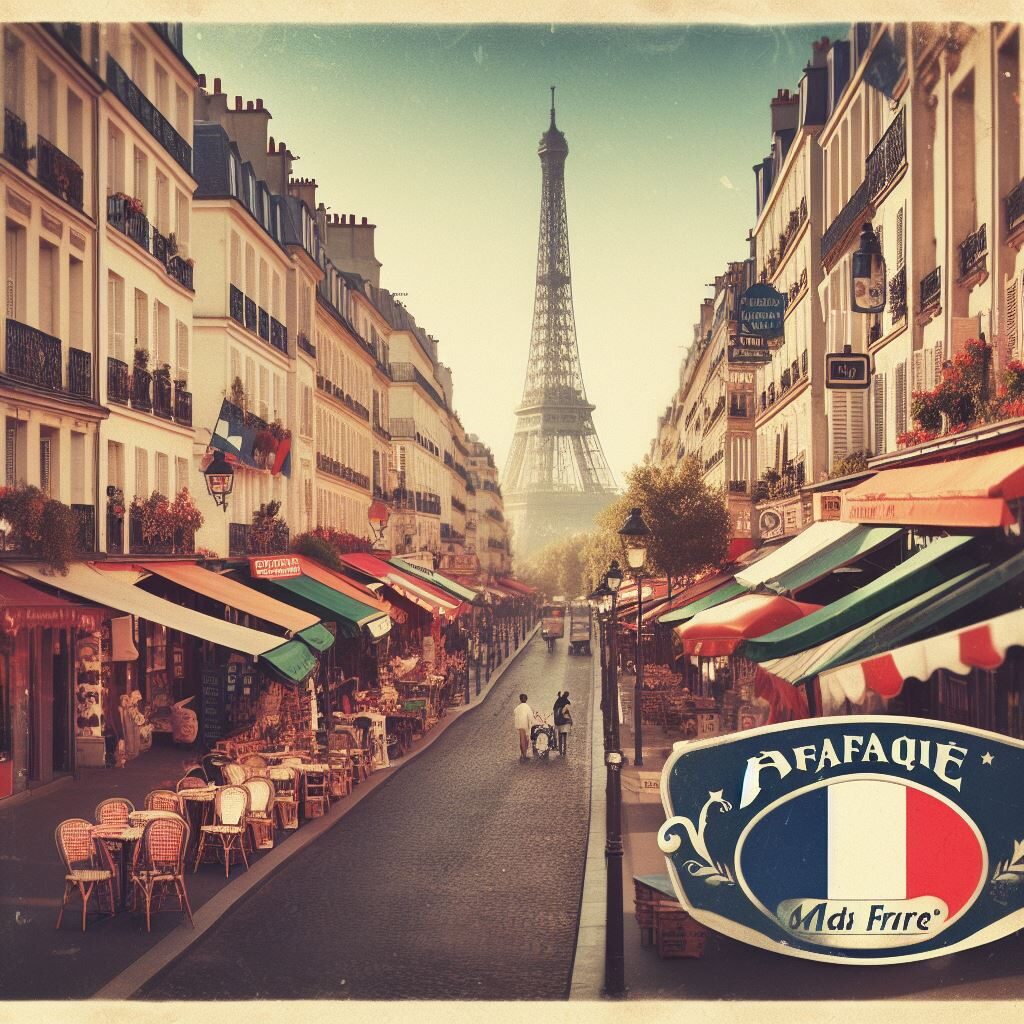 Une rue de boutique français avec la tour Eiffel dans le fond.