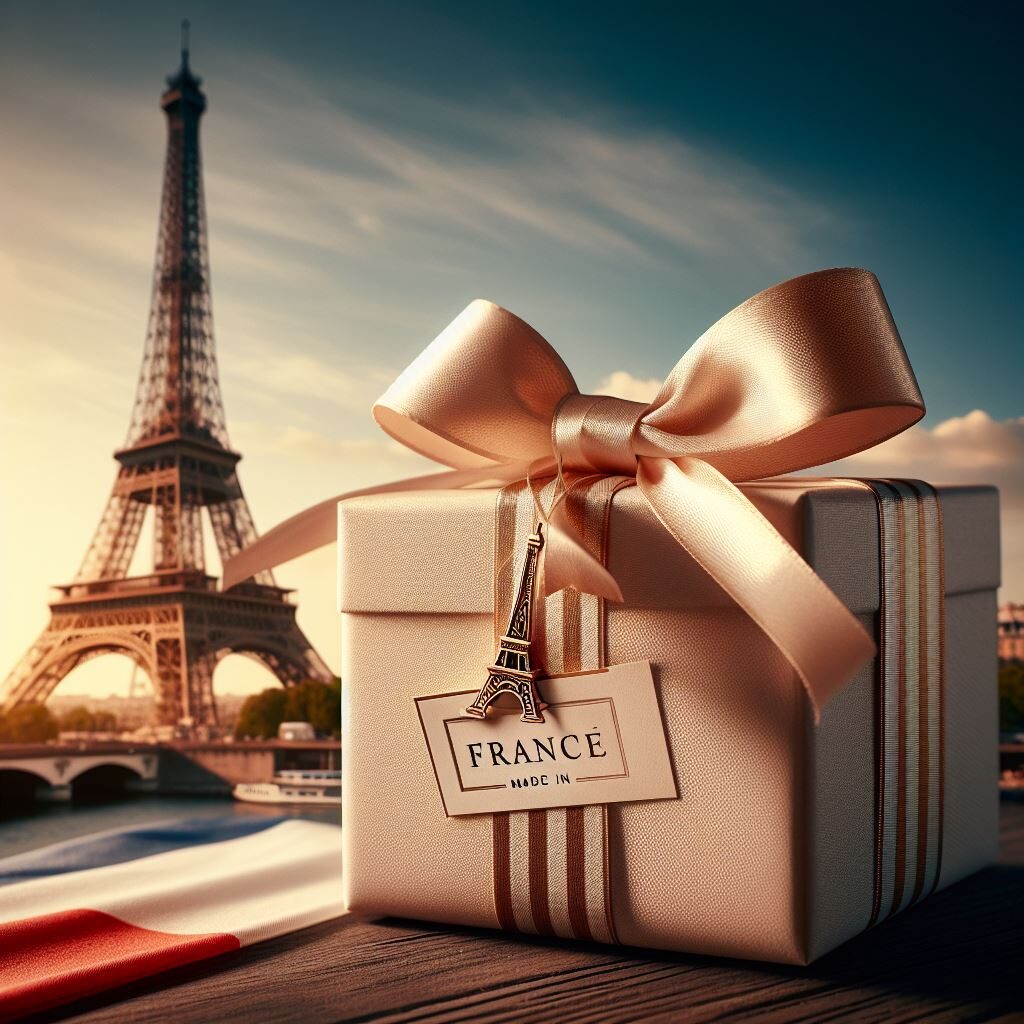 Paquet cadeau avec un nœud et le l'étiquette Made in France.