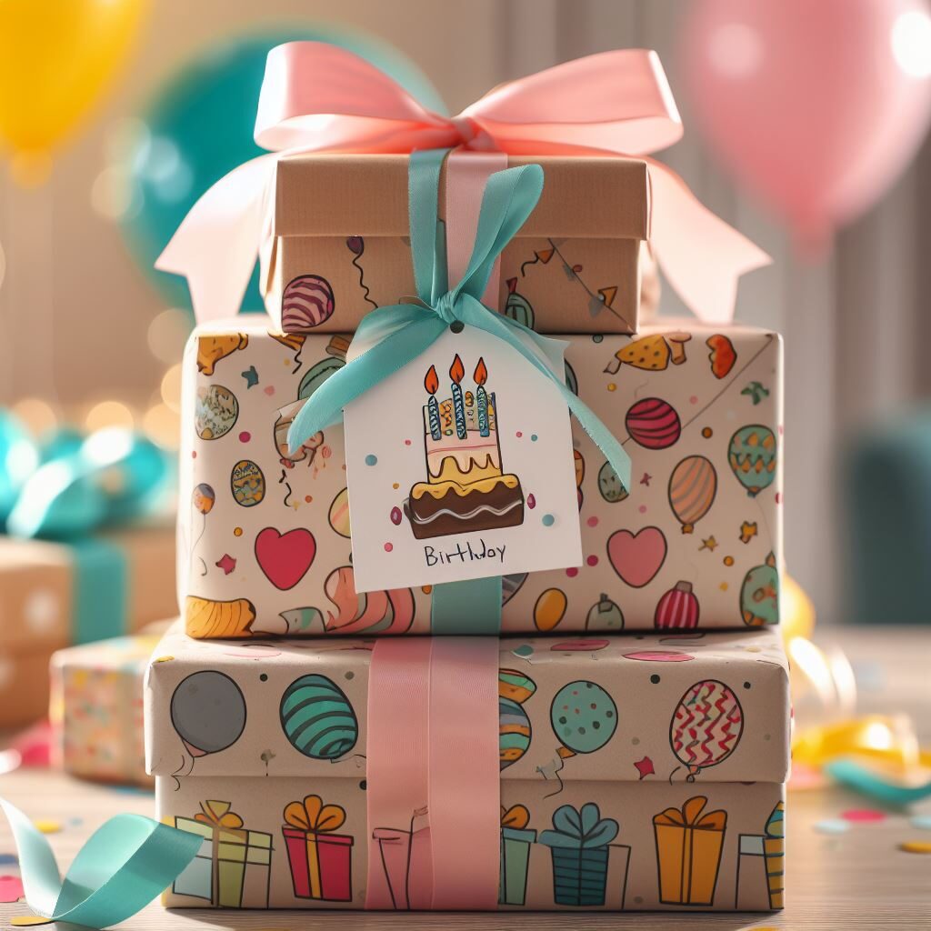 Des paquets cadeaux colorés avec une étiquette birthday..