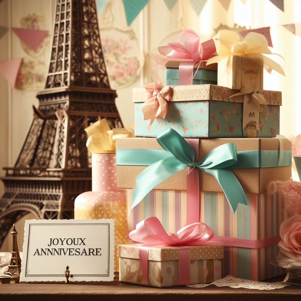 Une colline de cadeaux avec des paquets et des nœuds colorés et la tour Eiffel en fond.