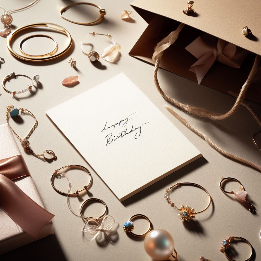Des bijoux éparpillés avec une carte de vœux d'anniversaire au milieu.