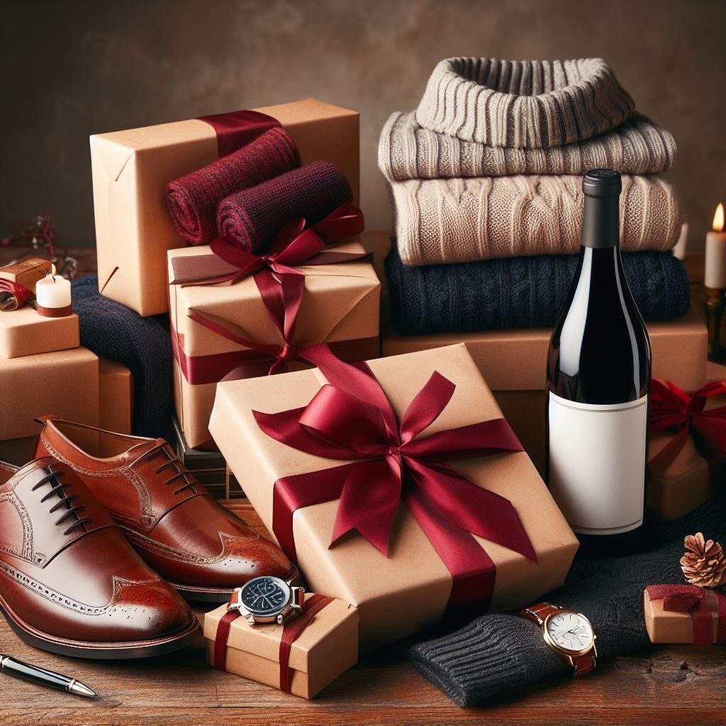 Pulls, chaussures, vins et cadeaux d'anniversaire avec des nœuds rouges.
