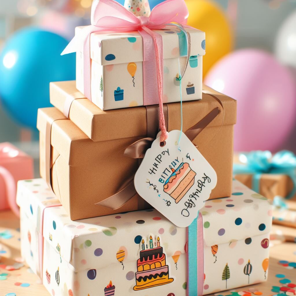 Pile de paquet cadeau coloré avec une étiquette happy birthday.