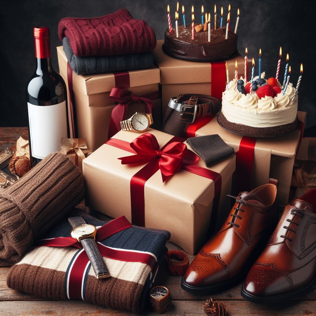 Bouteille de vin, pulls, montre, gâteau et des cadeaux d'anniversaire pour un homme.
