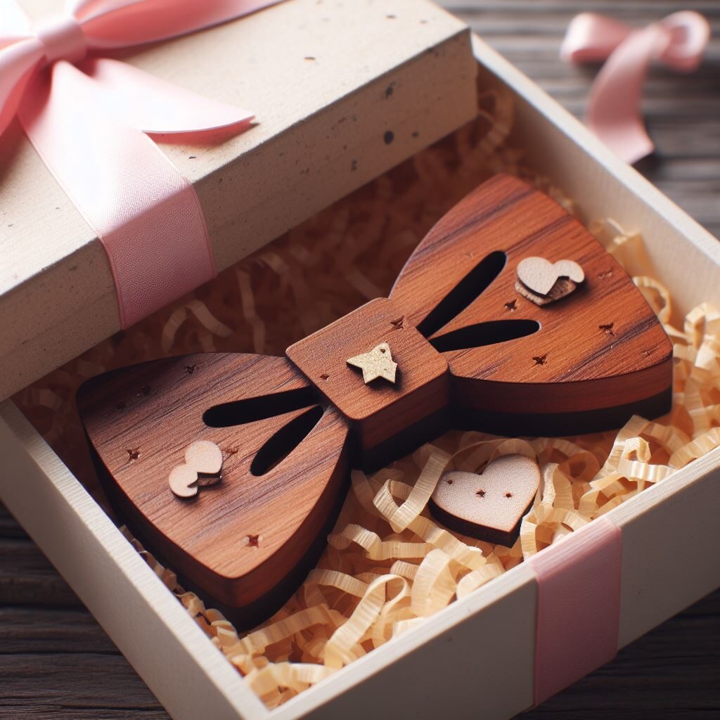 Un nœud papillon en bois dans un paquet cadeau rose à ruban.