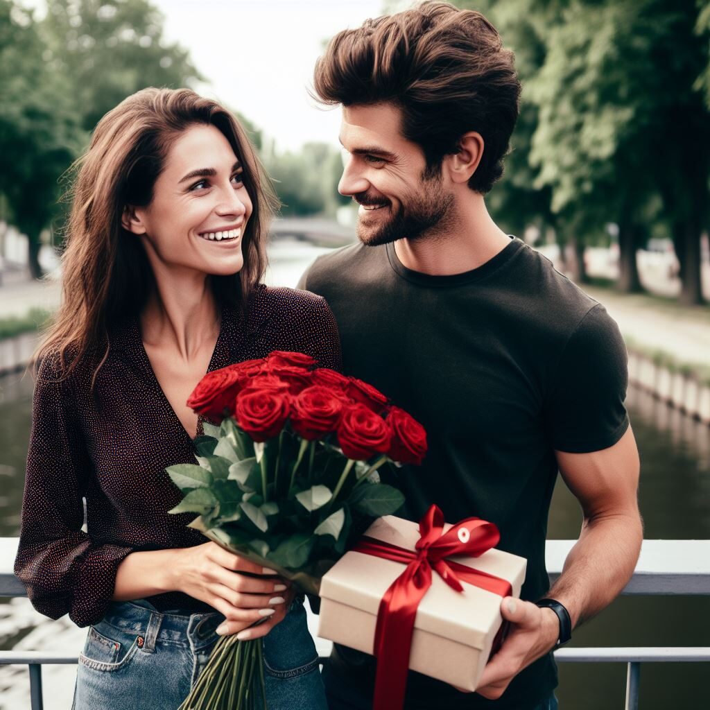 Un homme qui offre un bouquet de rose rouge et un cadeau pour sa femme à la Saint-Valentin.