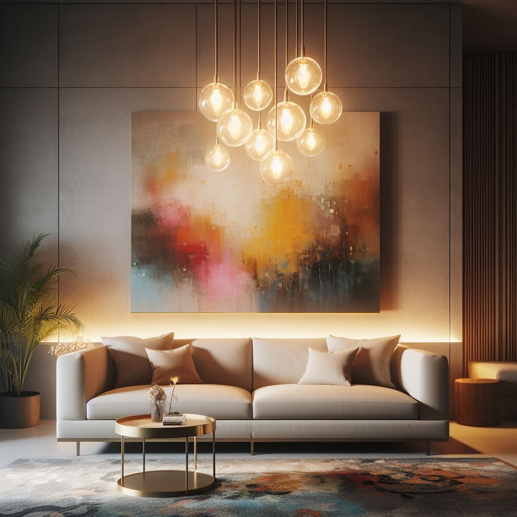 Un salon avec une suspension en led en forme de globe de couleur jaune.