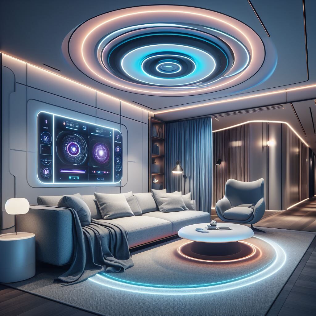 Plafonnier LED de différentes couleurs dans un salon moderne et tendance.