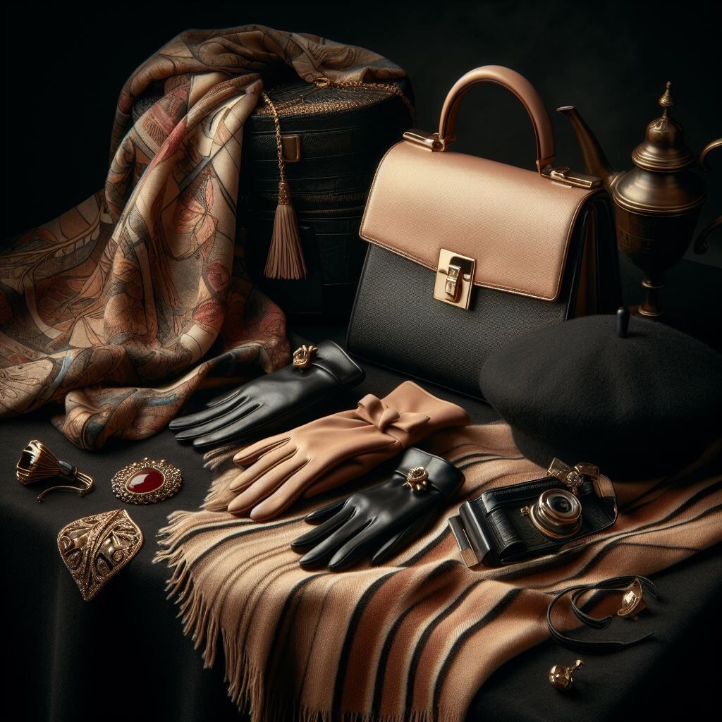 Sacs de luxe, gants, bérets, bijoux et foulards posés sur une table.