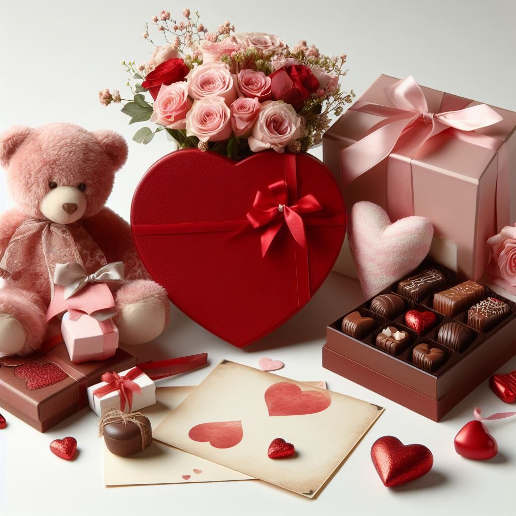 Un ourson en peluche, un bouquet de rose et des paquets cadeaux pour la Saint-Valentin.