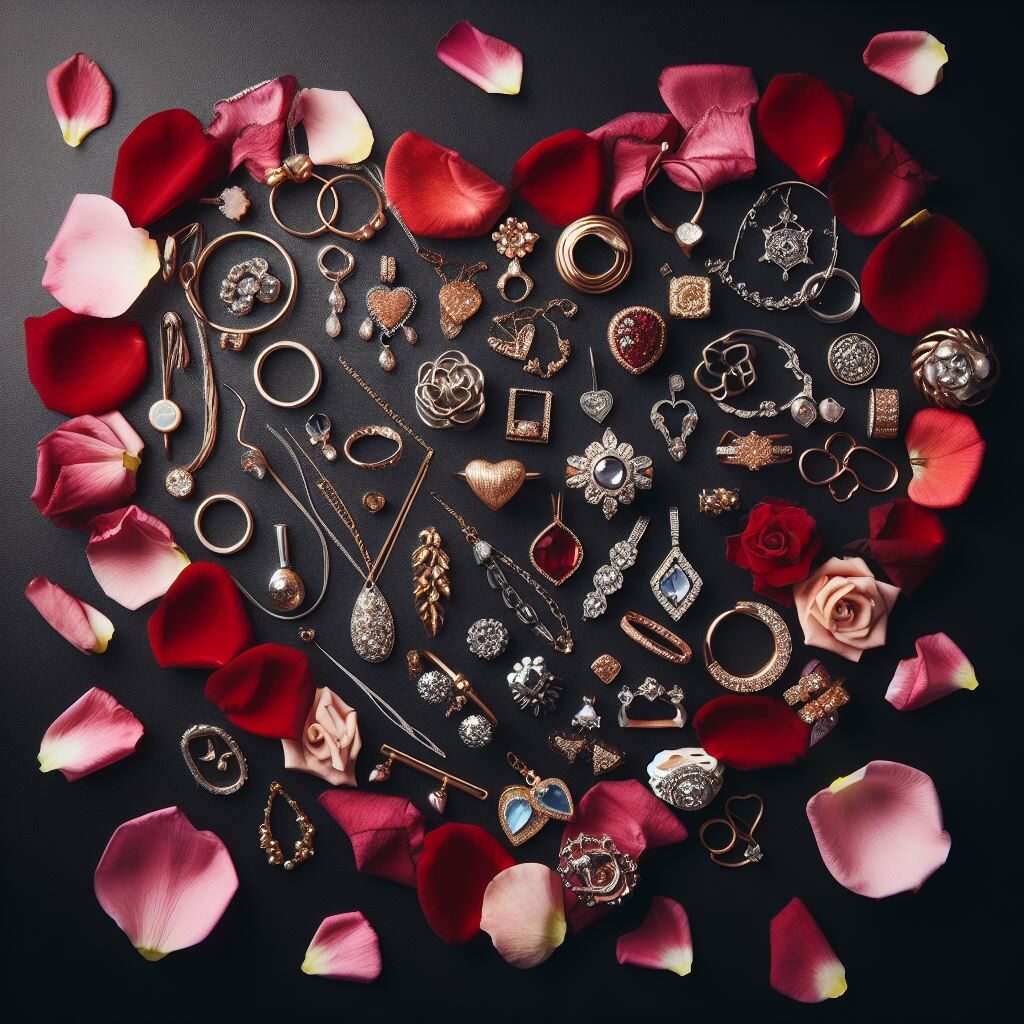 Différentes sortes de bijoux entourés de pétales de roses.