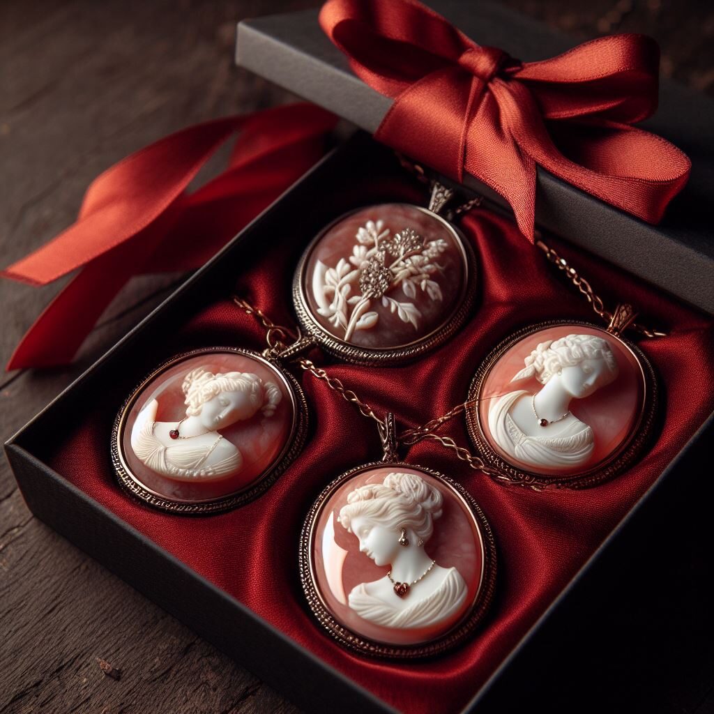 Un cadeau avec un ruban rouge contenant des camés originaux avec des motifs.