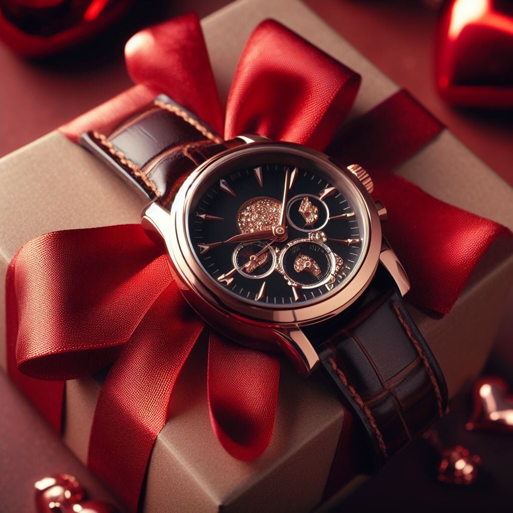 Une montre de luxe sur un cadeau avec un nœud rouge.
