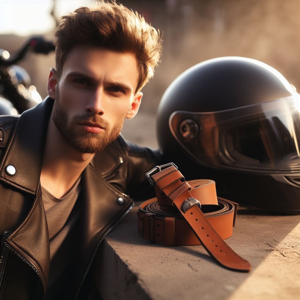 Une sangle en cuir marron posée à côté d'une casque de moto et d'un homme en blouson cuir noir.