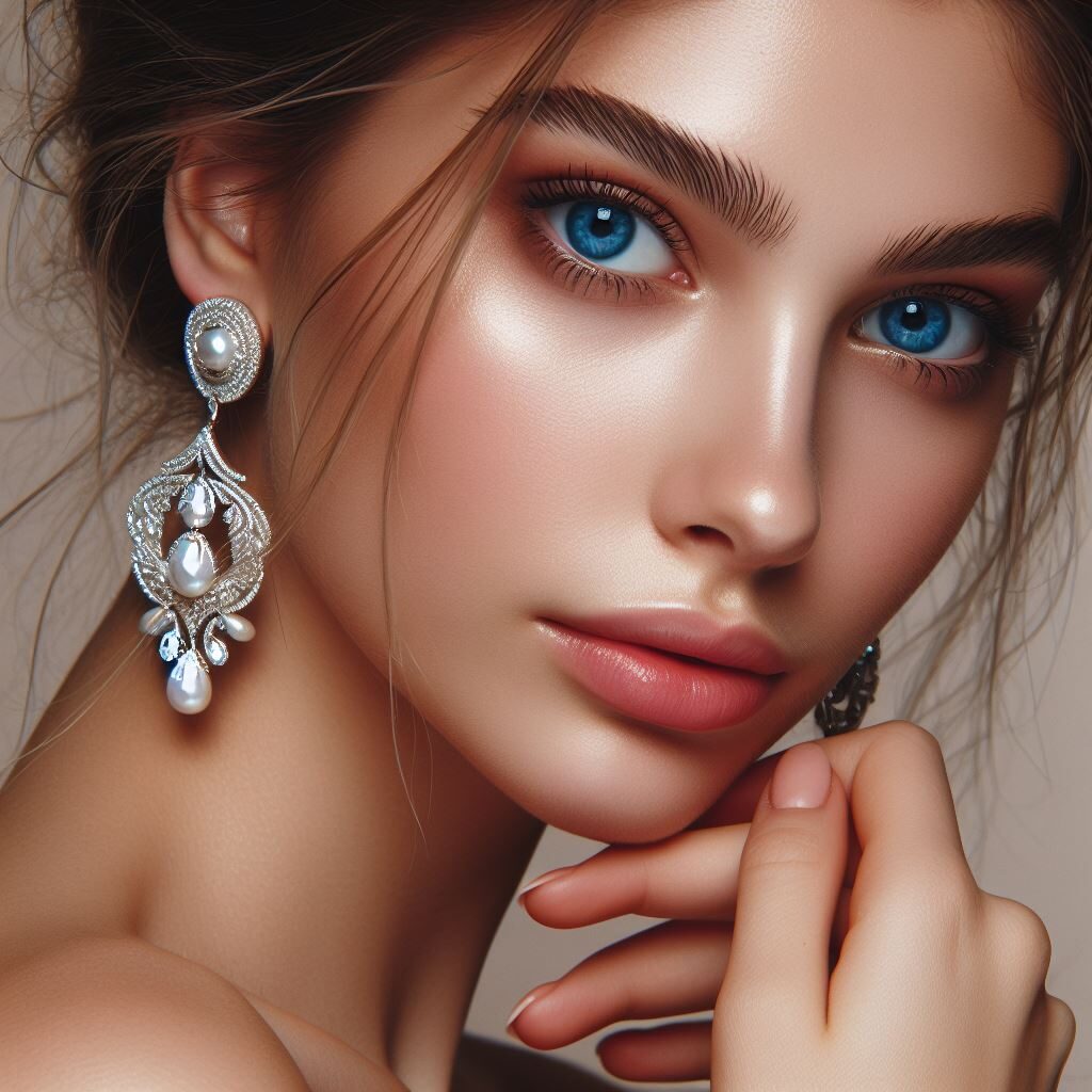 Une femme aux yeux bleue avec une boucle d'oreille pendante en argent ornée de perles blanches.