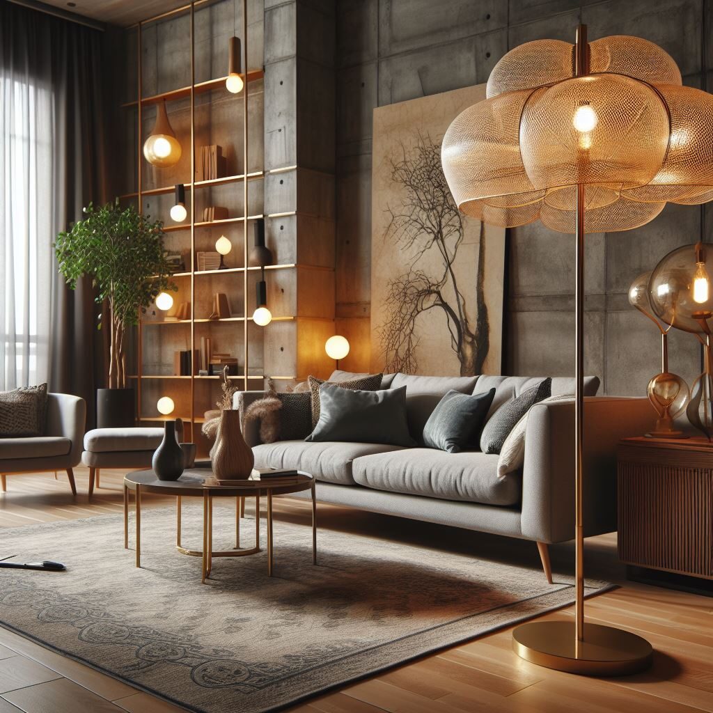 Lampadaire original stylé avec un éclairage jaune dans un salon. 