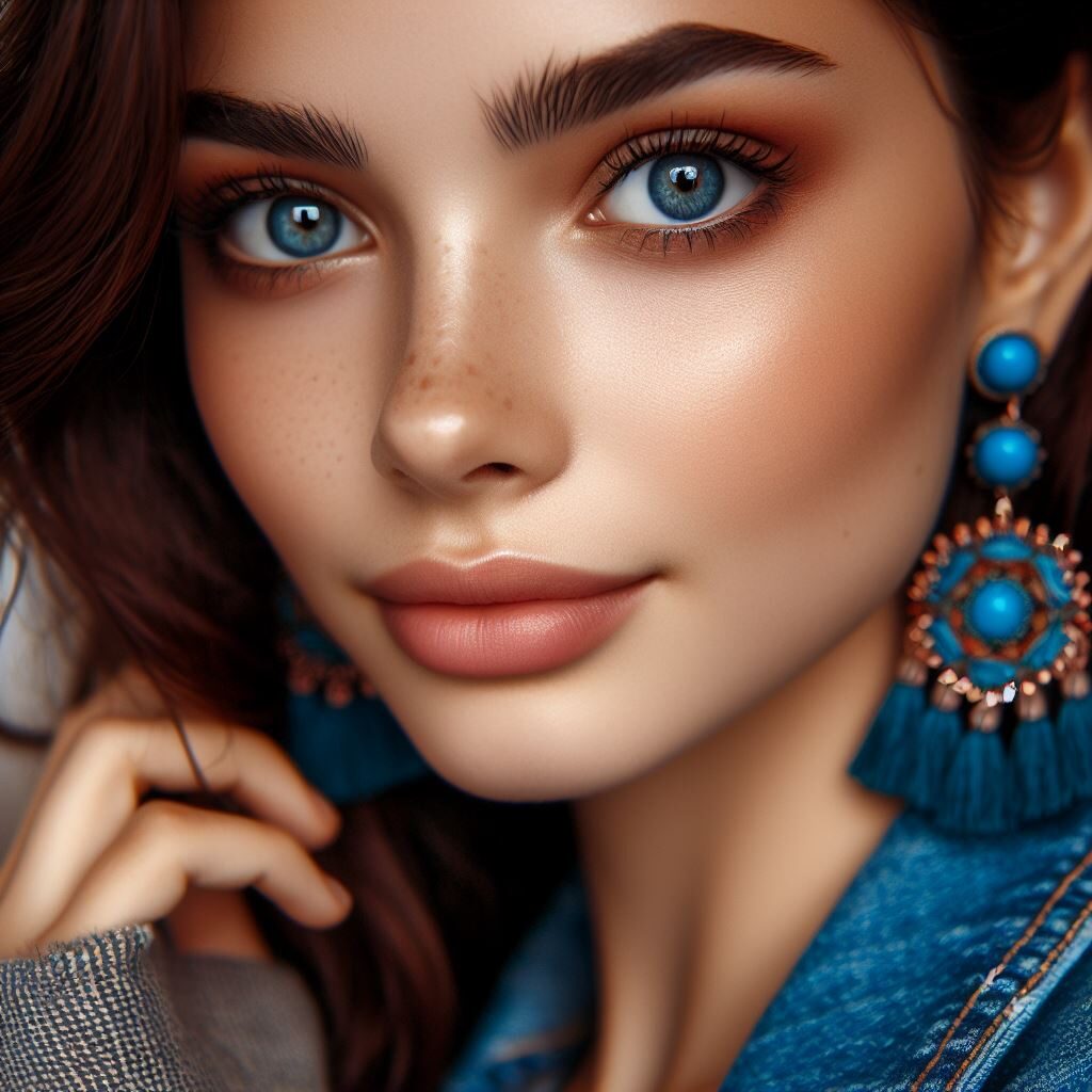 Une femme aux yeux bleue avec une boucle d'oreille pendante imposante bleue avec des ponpons.