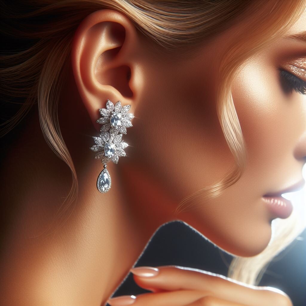 Une femme blonde qui porte une boucle d'oreille pendante en forme de fleurs ornées de pierres scintillantes.