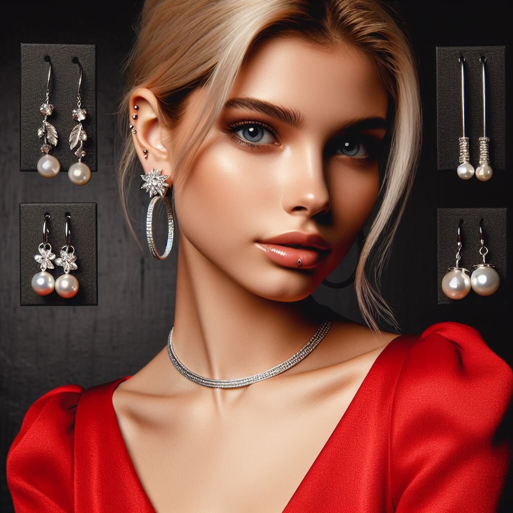 Une jeune femme blonde avec plusieurs suggestions de boucles d'oreilles argentées.