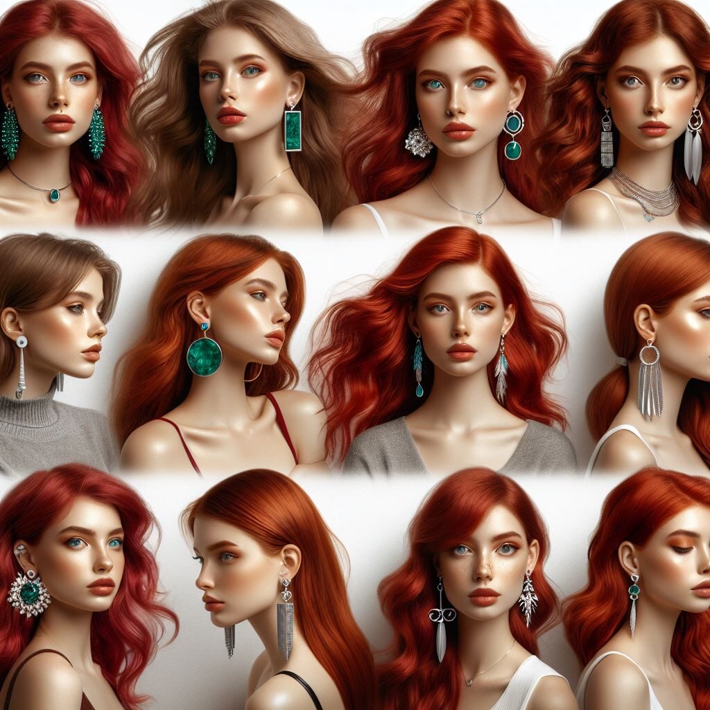 Une jeune femme rousse avec des boucles d'oreilles pendantes colorés.