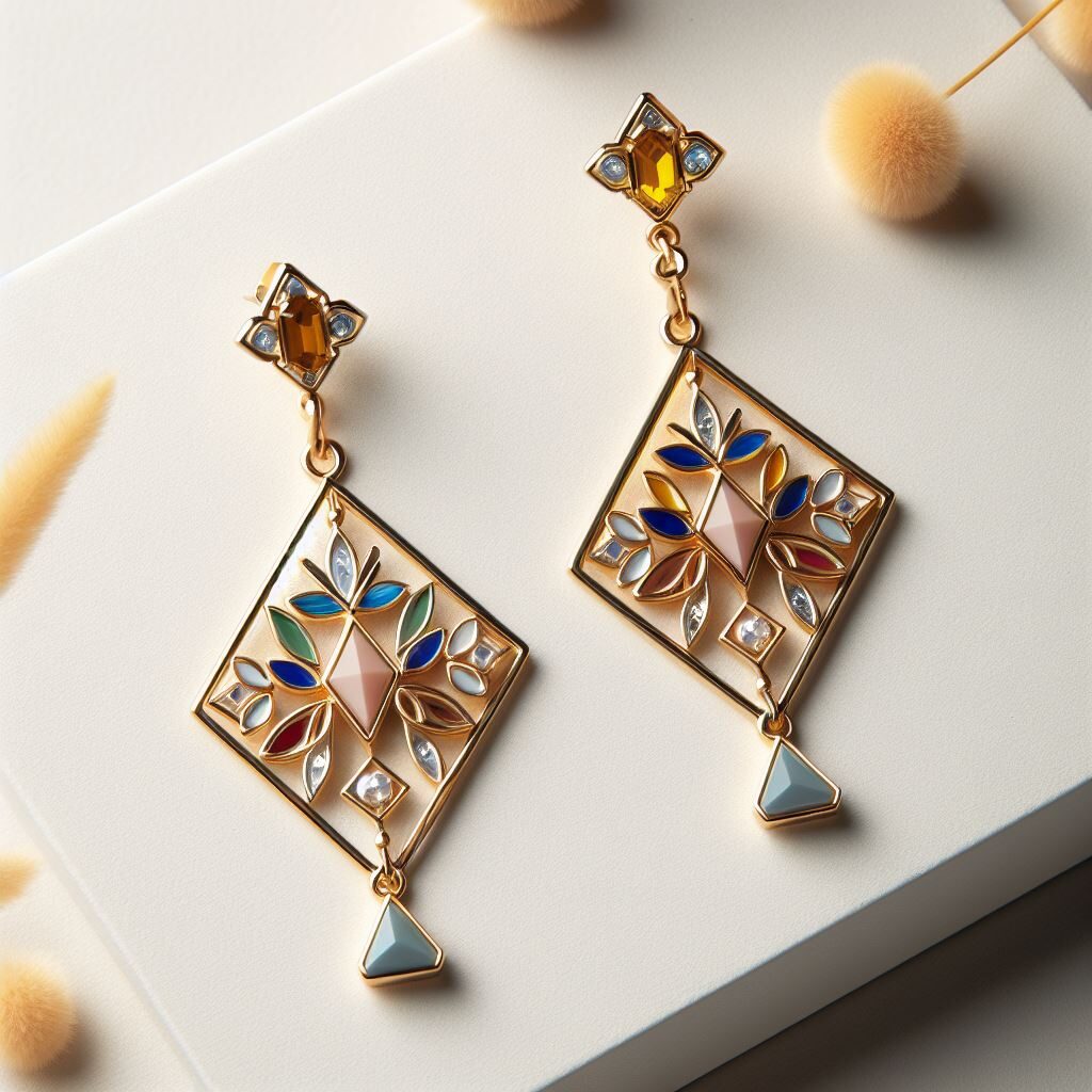 Une boucle d'oreille en forme de losange ornée de pierres colorées.