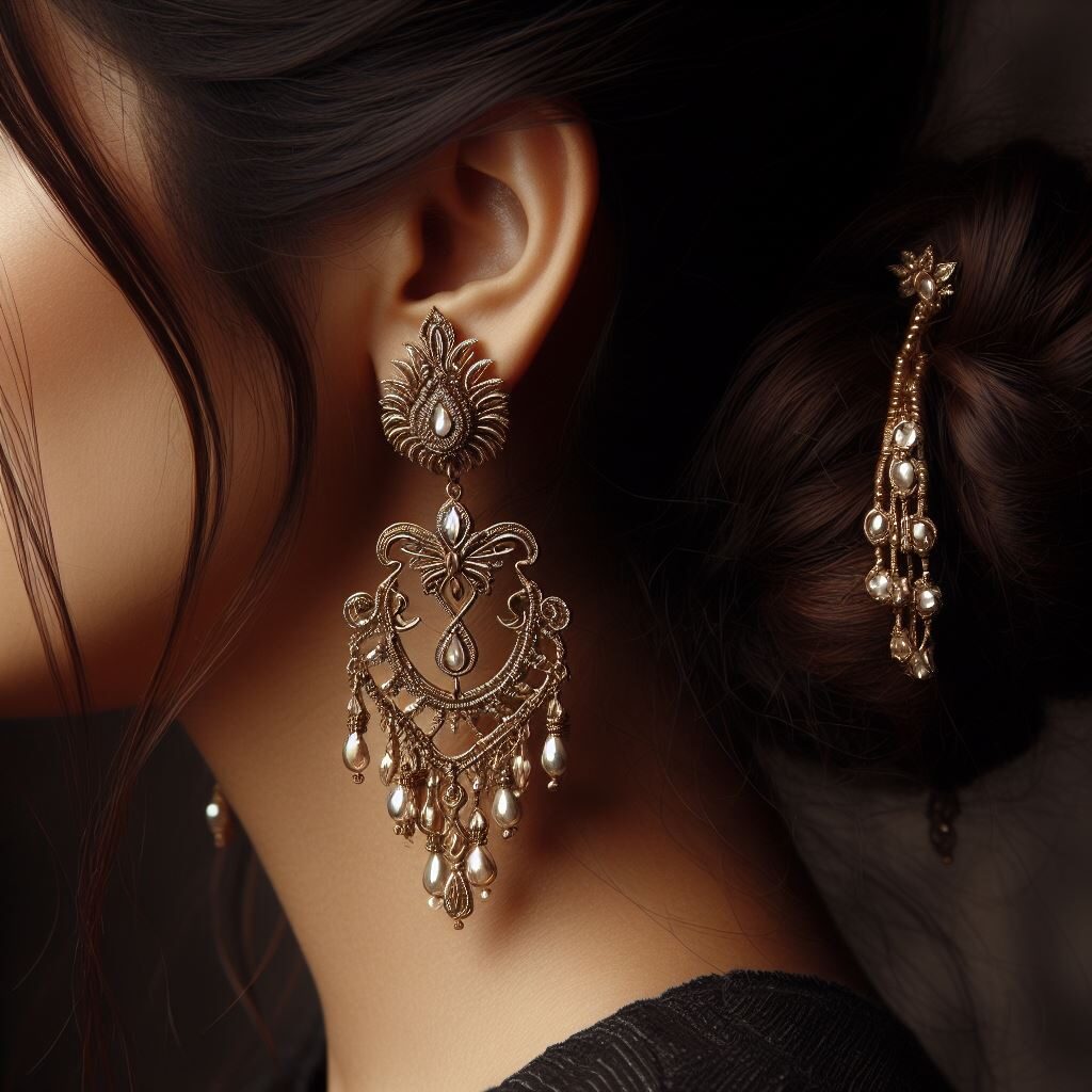 Une boucle d'oreille en or pendante portée par une femme avec les cheveux noirs.