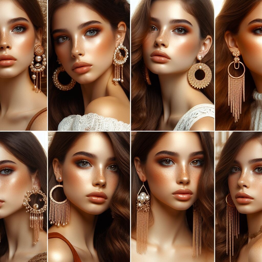 Une jeune femme brune portant différents modèles de boucles d'oreilles dorés.