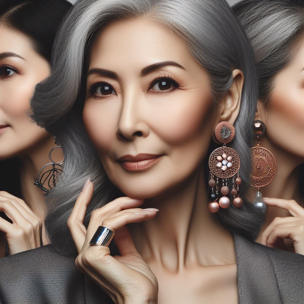 Une femme aux cheveux grises avec une boucle d'oreille en or.