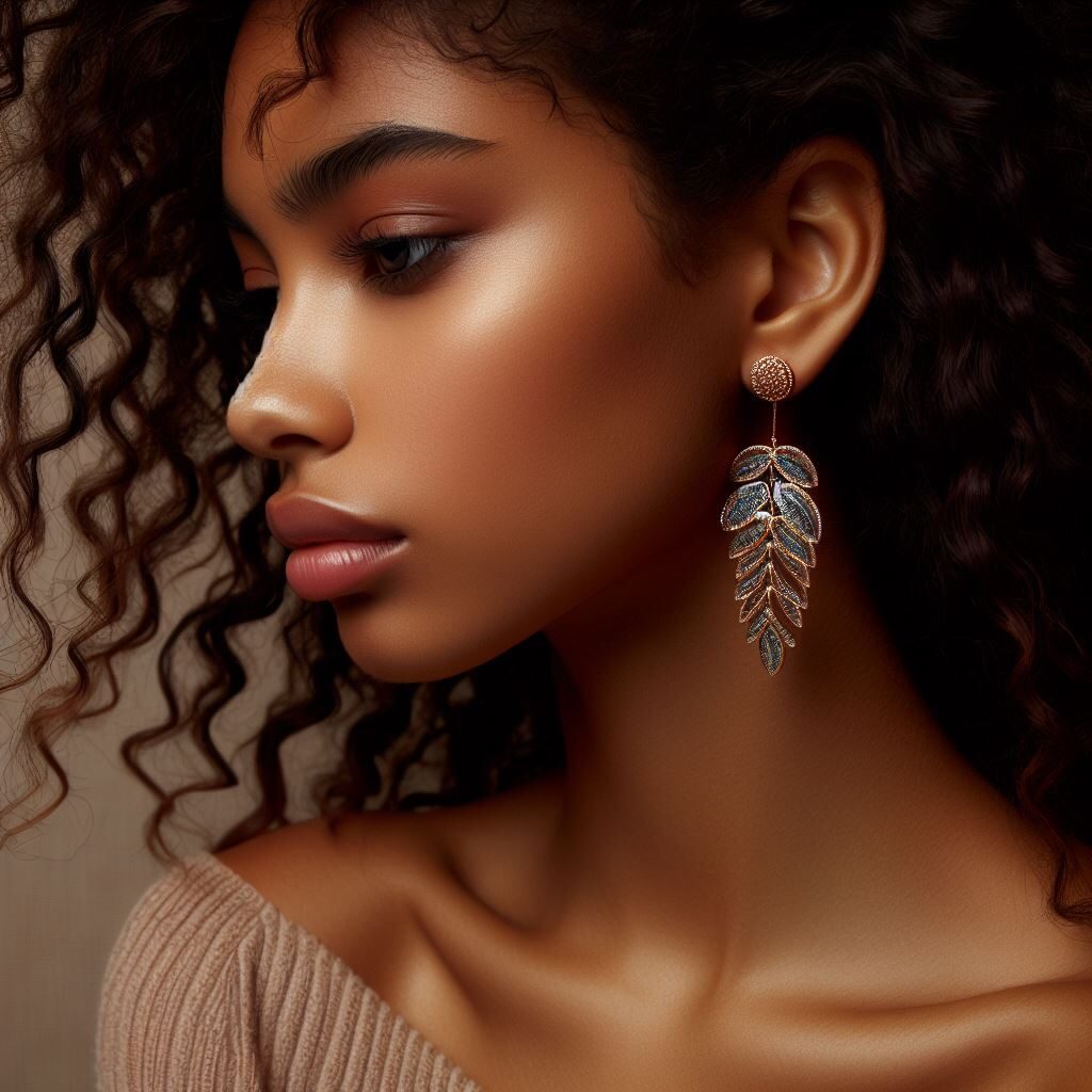 Une boucle d'oreille pendante en forme de feuillage en or.