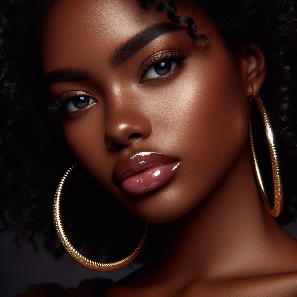 Une femme au visage carré avec une créole doré.