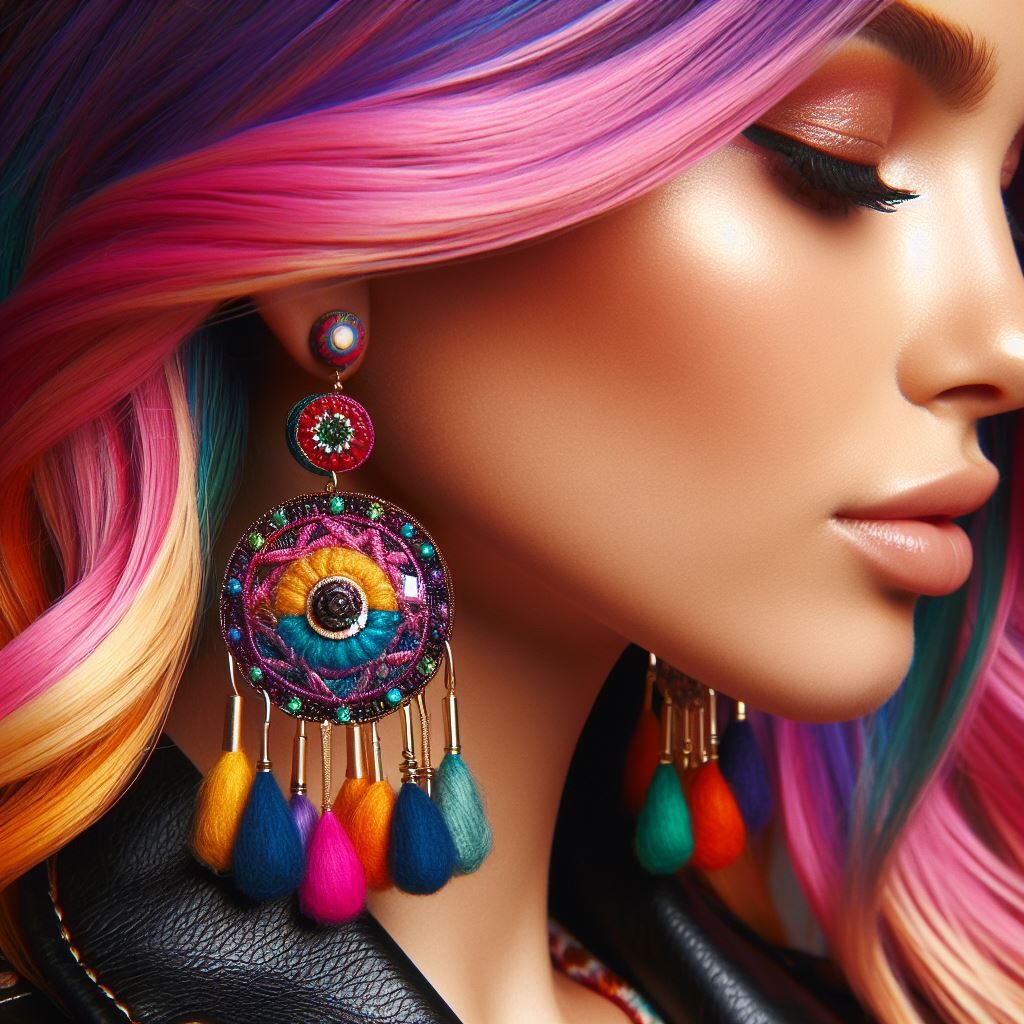 Une femme avec les cheveux colorés portant des boucles d'oreilles pendantes colorées.