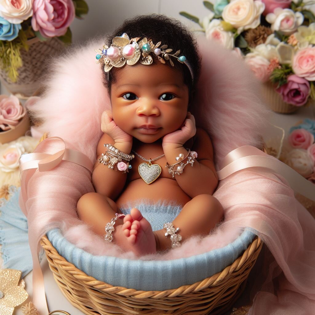 Un bébé qui prend la pose avec différents bijoux et accessoire de motde : bracelet, collier, serre-tête.