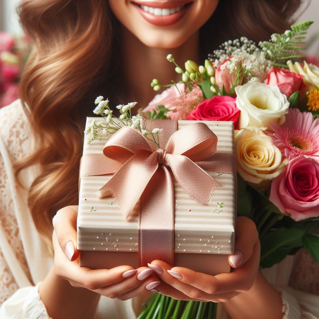 Une femme qui présente entre ses mains un cadeau avec un ruban rose et un bouquet de fleurs.