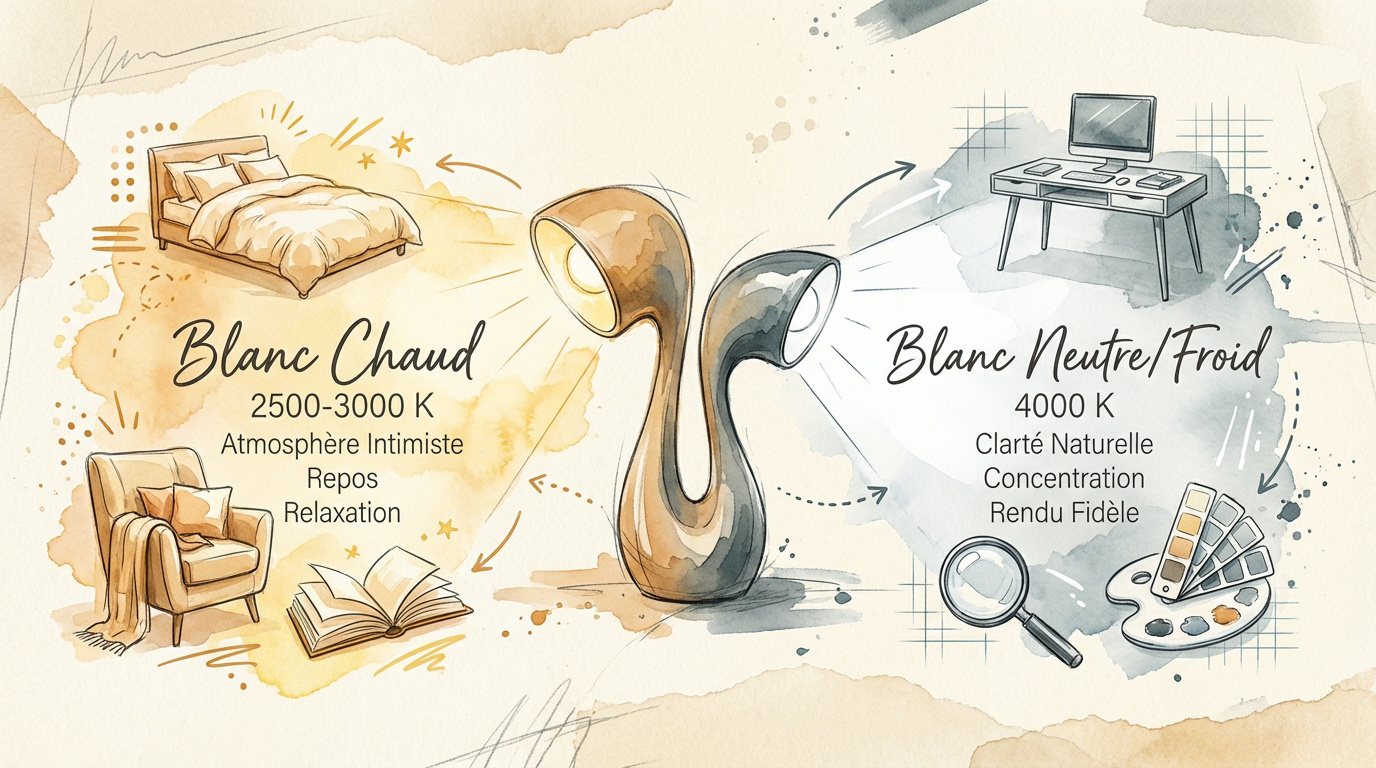 Comparaison entre un éclairage blanc chaud et un éclairage blanc neutre ou froid dans un intérieur
