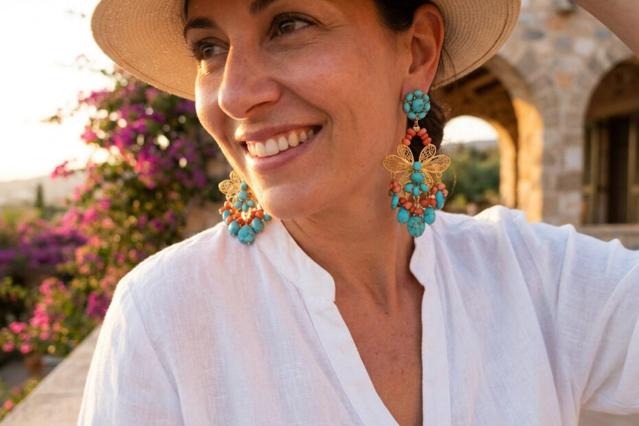 Portrait souriant d'une femme en chapeau de paille, portant de grandes boucles d'oreilles turquoise et corail, fond ensoleillé.