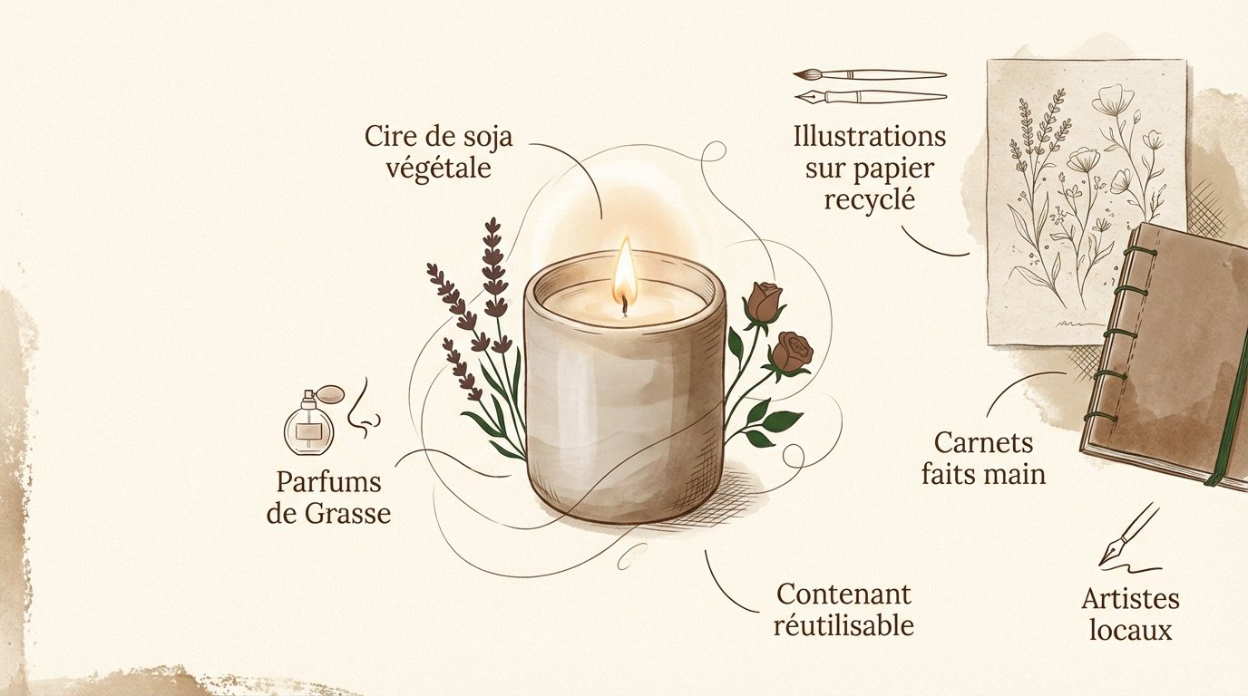 Bougie artisanale en cire de soja et carnet de notes relié à la main