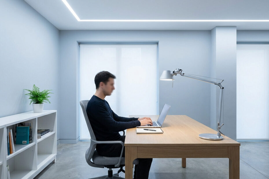 Homme sur laptop dans un bureau moderne avec éclairage LED froid intégré au plafond et une lampe de bureau design.