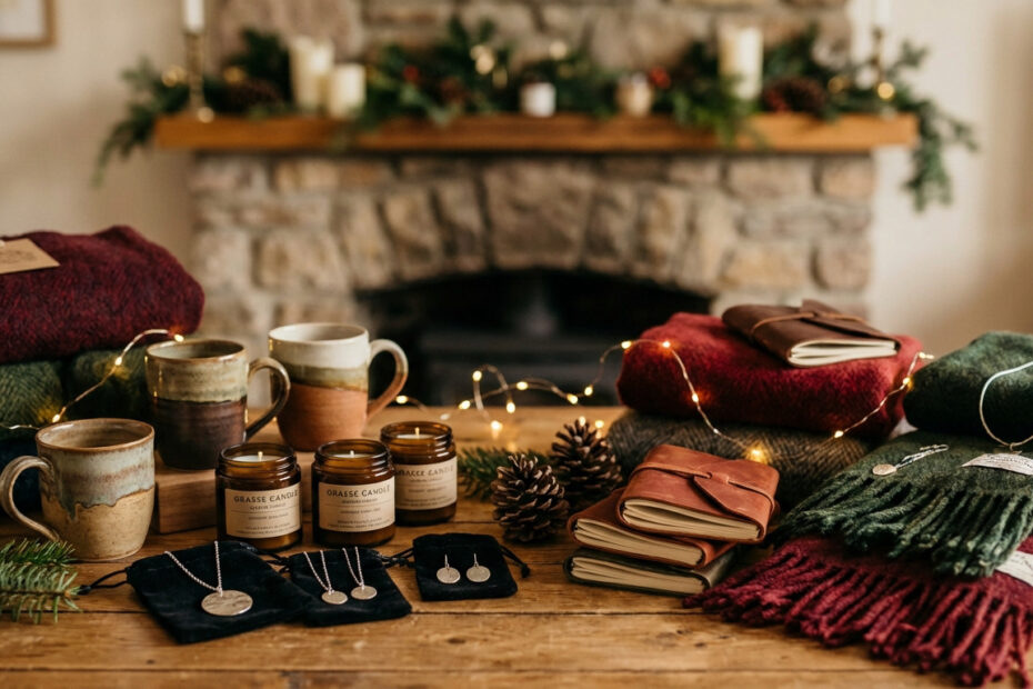 Table en bois avec plaids douillets, tasses artisanales, bougies parfumées, carnets en cuir et bijoux, sur fond de cheminée de Noël illuminée.