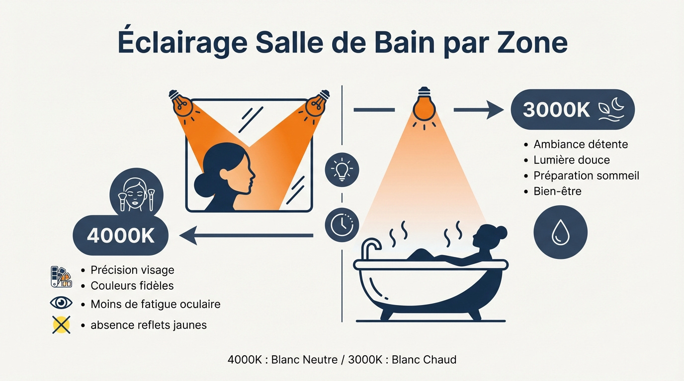 Comparaison entre un éclairage de salle de bain 4000K neutre et 3000K chaud