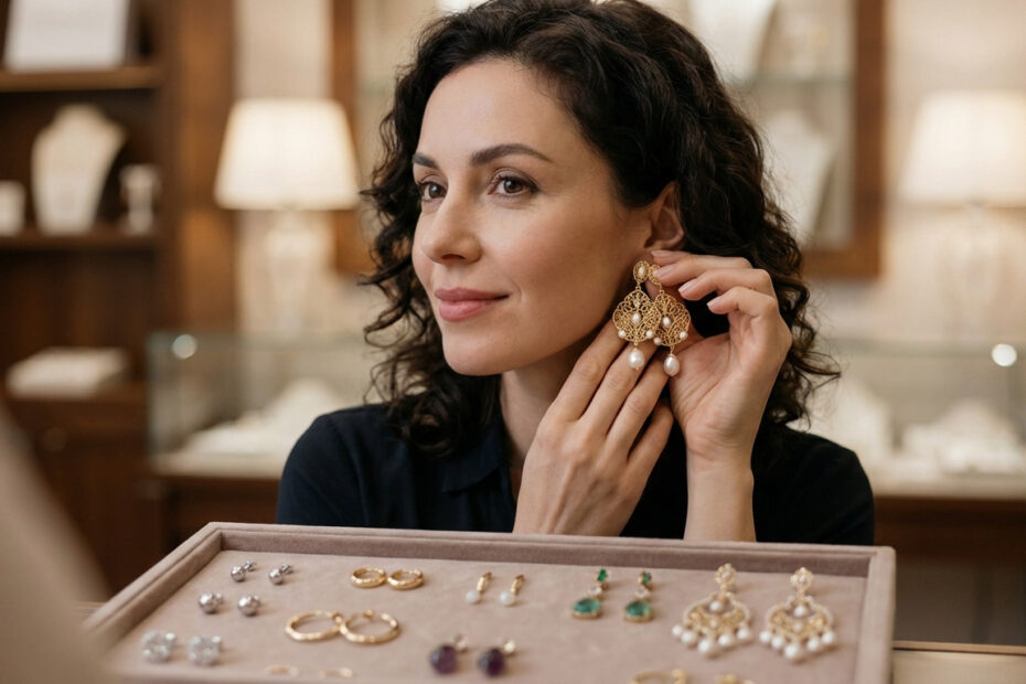 Une femme aux cheveux bouclés sourit en essayant de grandes boucles d'oreilles dorées et perlées dans une bijouterie, devant un plateau de bijoux.