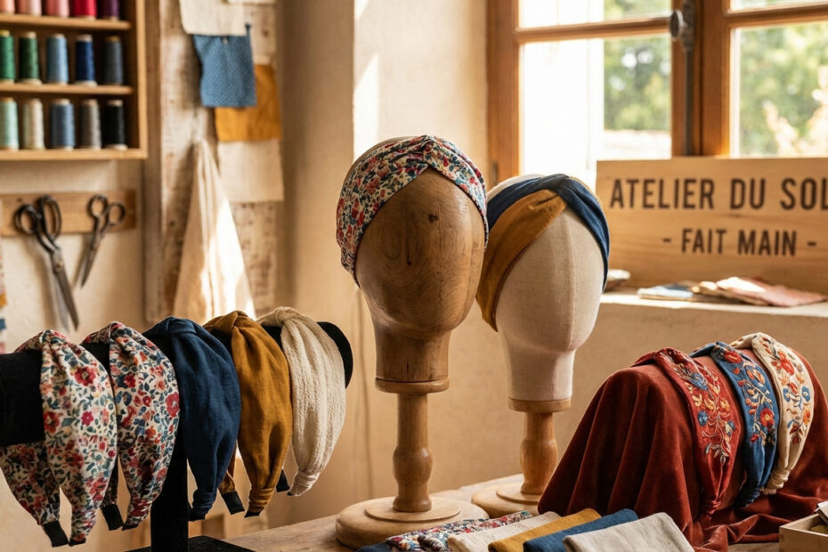 Atelier artisanal lumineux présentant des headbands colorés sur mannequins et présentoirs, des bobines de fil, ciseaux et un panneau "FAIT MAIN".