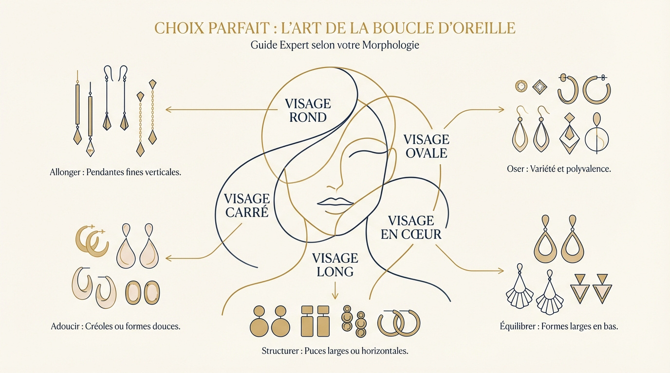 Guide visuel pour choisir ses boucles d'oreilles selon la forme du visage