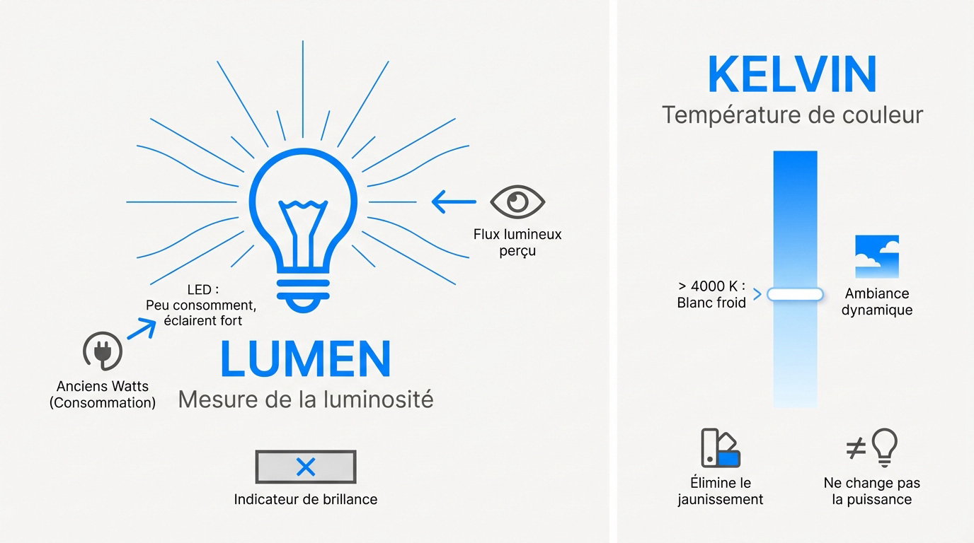 Infographie comparative entre lumens pour la luminosité et Kelvins pour la température de couleur
