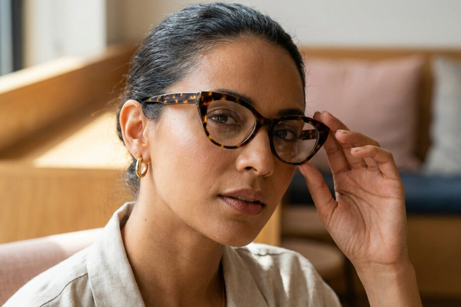 Gros plan sur une femme ajustant ses lunettes œil-de-chat écaille. Elle porte de petites boucles d'oreilles créoles dorées.