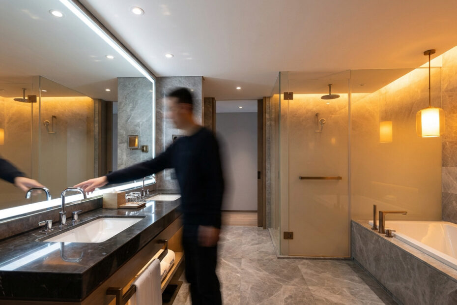 Salle de bain moderne. Homme flou devant un lavabo double avec miroir lumineux froid. Lumières chaudes pour ambiance près douche/baignoire.