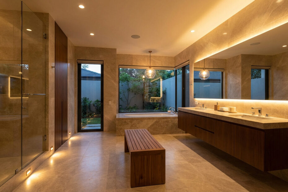 Salle de bains moderne et luxueuse avec divers éclairages chauds : miroir lumineux, spots au plafond, suspension et lumière au sol, baignoire et douche.