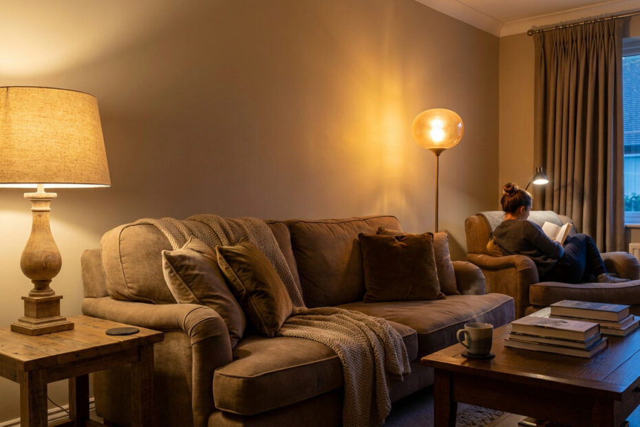 Salon confortable aux murs clairs, éclairé par des lampes à lumière chaude. Une femme lit un livre dans un fauteuil.