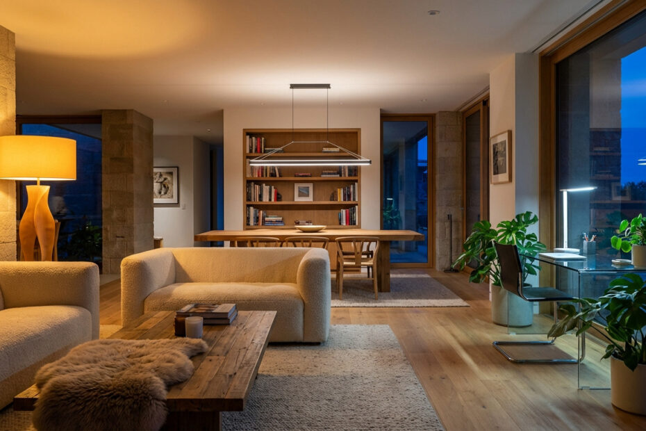 Intérieur moderne avec trois zones d'éclairage: lampe de table jaune chaleureuse, suspension linéaire blanche, et lampe de bureau blanche.