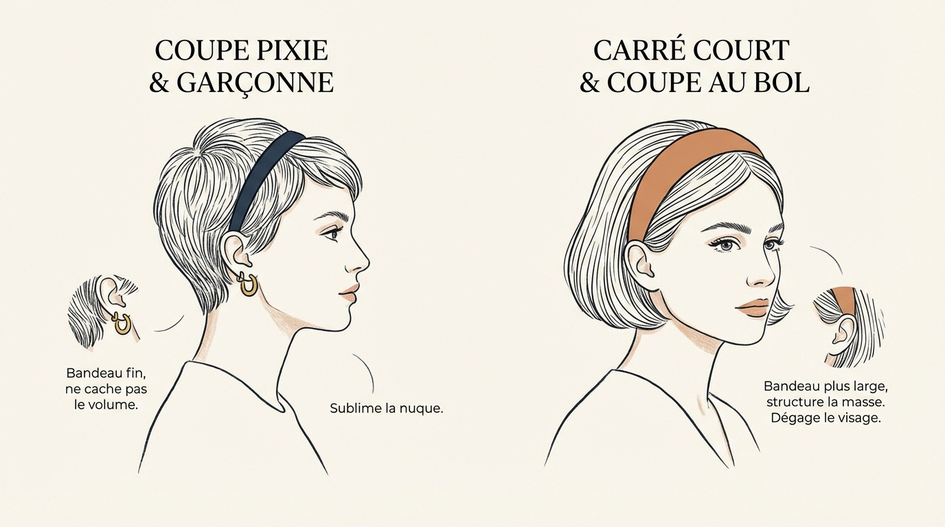 Femme avec une coupe courte portant un bandeau élégant de créateur français